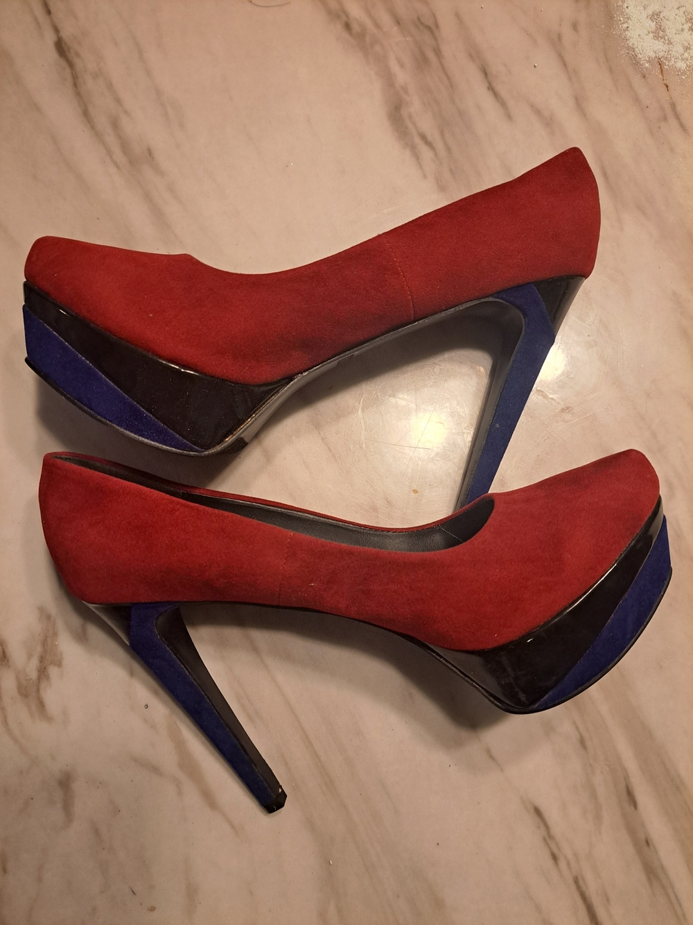 Charlotte Russe Red Suede Platform Pumps with Blue Heel